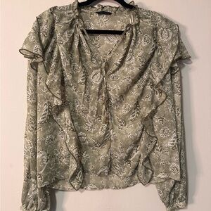 Zara Gray and White Ruffled Long Sleeve Blouse